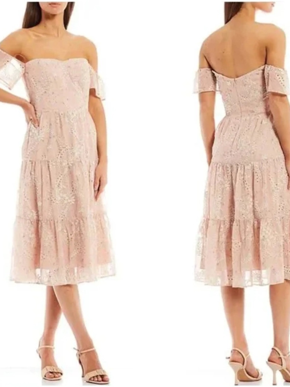 Dress the Population River Embroidered Floral Off Shoulder Midi Dress Small